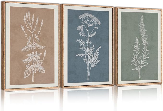 HLNIUC Neutral Botanical Framed Wall Art Set, Boho Minimalist Plant Canvas Wall Decor, Vintage Leaf Wall Painting, Nature Floral Silhouette Art Print for Bedroom, Living Room, Study - 24”x36”x3