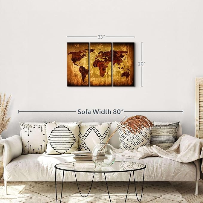ElephantStock Vintage World Map Wall Art Multi Piece Canvas - 3 Piece Canvas World Map Wall Decor - Wall Decor - Ready-to-Hang Print - Vintage Wall Art - 33" X 20"