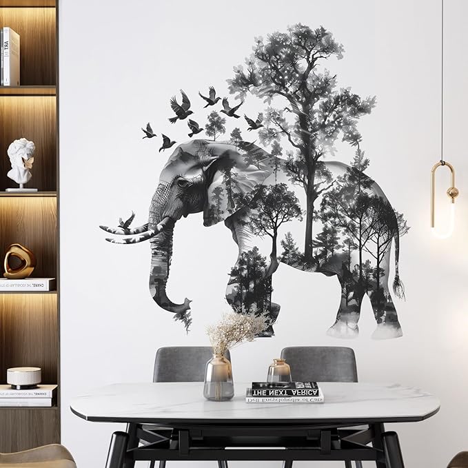 2 Sheets Forests Silhouette Animals Wall Decals - Removable Wild Elephant Tree & Birds Wall Art Decor for Children's Nursery & Living Room