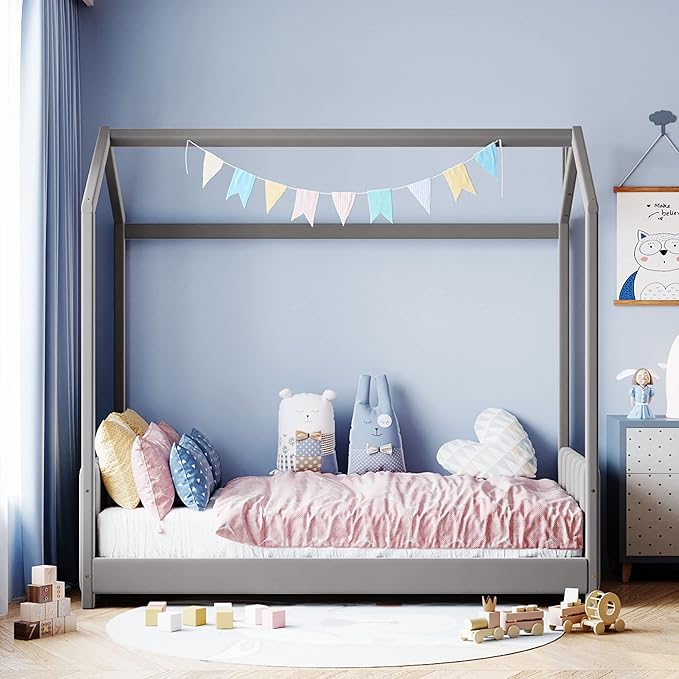 Ball & Cast Twin Size Floor Bed,Low to Ground Design Montessori Bed with Roof,Velvet Toddler House Bed Frame W/Slats,No Box Spring Needed,for Girls Boys,Gray