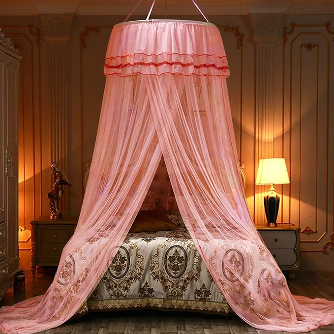 Jolitac Bed Canopy Lace Mosquito Net for Girls Beds, Unique Princess Play Tent Mesh Canopies Large Lace Dome Curtain Drapes Home & Travel (Pink)