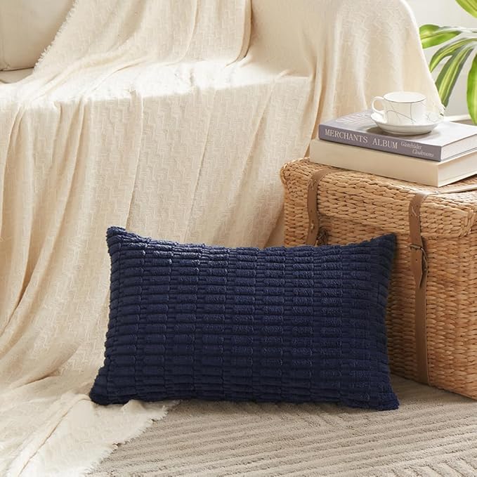 Fancy Homi Pack of 2 Navy Blue Lumbar Decorative Throw Pillow Covers 12x20 Inch for Living Room Couch Bedroom, Soft Corduroy Rectangle Solid Cushion Case 30x50 cm, Rustic Farmhouse Boho Home Decor