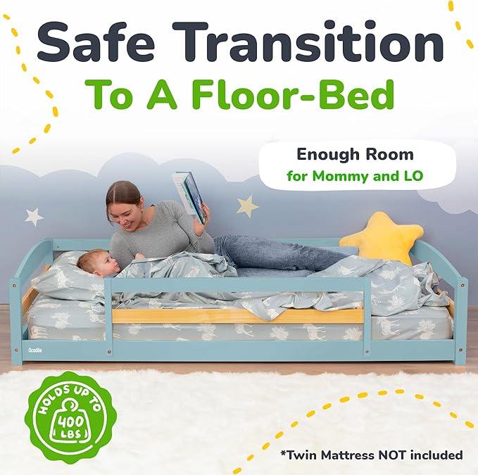 Ocodile Twin Floor Bed with Safety Guardrails for Kids, Montessori Inspired with Rails and 2 Openings, Twin Size Bed Frame for Girls and Boys - Blue