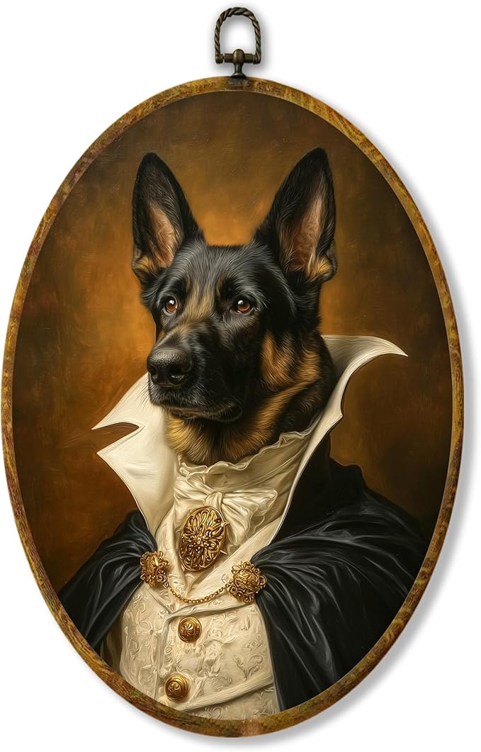 Hiuwevt Vintage German Shepherd Oval Wall Art Decor, German Shepherd Gifts Framed Canvas Prints, Renaissance Style Dog Oval Wall Hanging Decor for Bedroom Living Room Decorations, 8.6x11.4 Inches