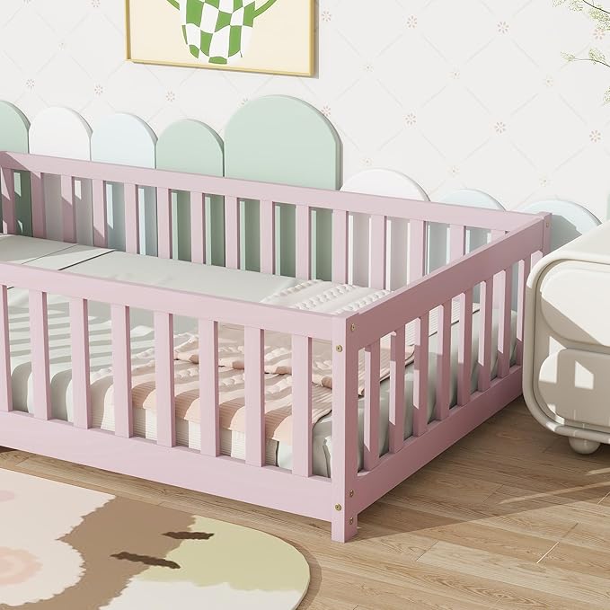 Ball & Cast Twin Size Montessori Floor Bed,Wooden Floor Bed Frame with Wood Slats,Montessori Toddler Bedframe W/Door and Safety Guardrails for Girls Boys,Bedroom,Playroom,No Box Spring Needed,Pink