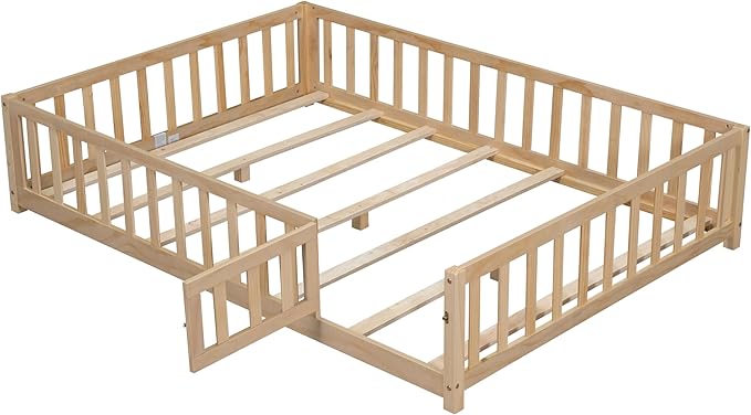 Full Size Floor Platform Bed with Fence and Lockable Door, Wood Montessori Bed Frame with Slat Support for Kids,Girls,Boys, Easy to Assemble,Natural