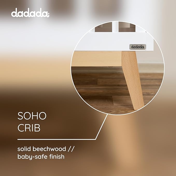 dadada Baby Soho 3 in 1 Convertible Wooden Crib to Toddler Bed - Made in Italy, GREENGUARD Gold Certified, Baby-Safe Finish, Sustainable Beech Wood, Modern Design, 3 Adjustable Heights (White/Natural)