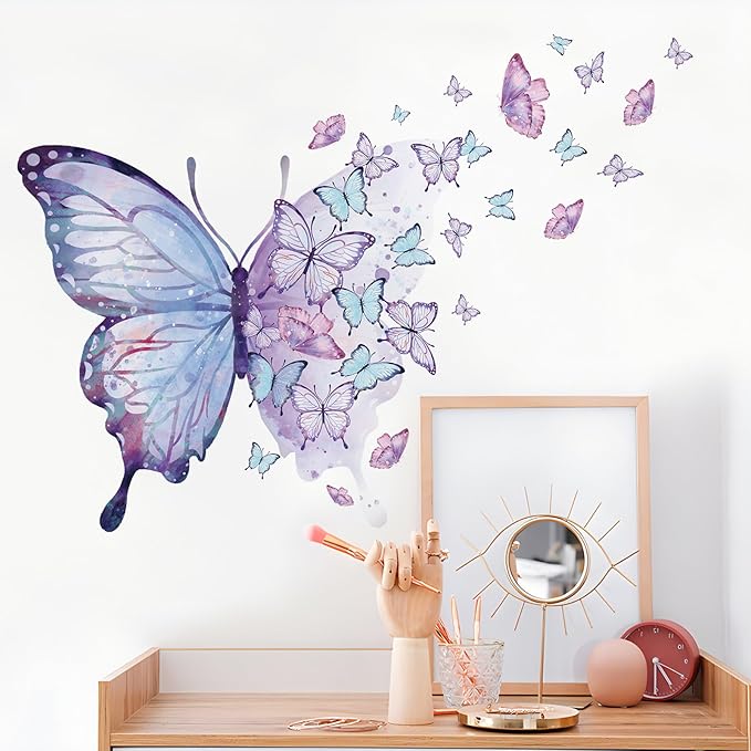 Purple Blue Butterfly Wall Decals Removable Butterfly Flower Wall Stickers Peel and Stick Butterflies Wall Decor Stickers for Kids Girls Bedroom Nursery Bathroom Decorations BR44533