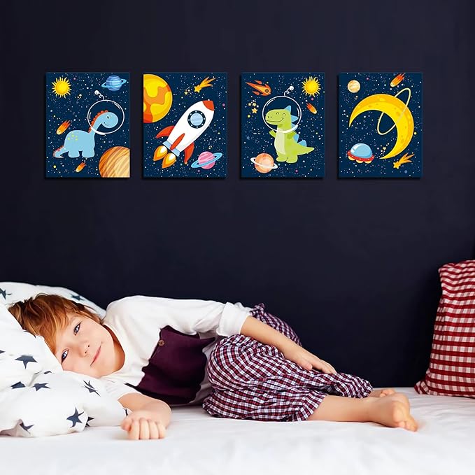 KAIRNE Outer Space Dinosaur Room Decor,Solar System Stars Wall Canvas Poster,Set Of 4 (8X10inch,framed) Planet Astronaut Art Print,Rocket Decor for Boys Room Toddler Kids Room Classroom Space Decor