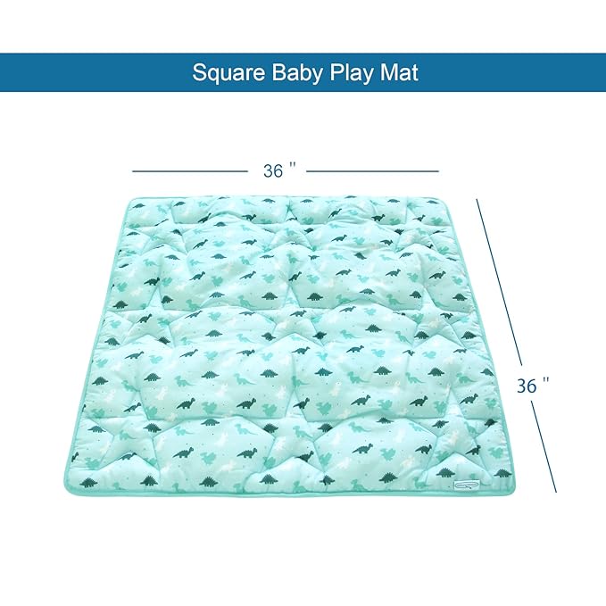 SPRINGSPIRIT Baby Play Mat, 36'' x 36'', Thicker, Soft, Non-Slip, Dinosaur Pattern, Microfiber & Foam, Plush, Aqua