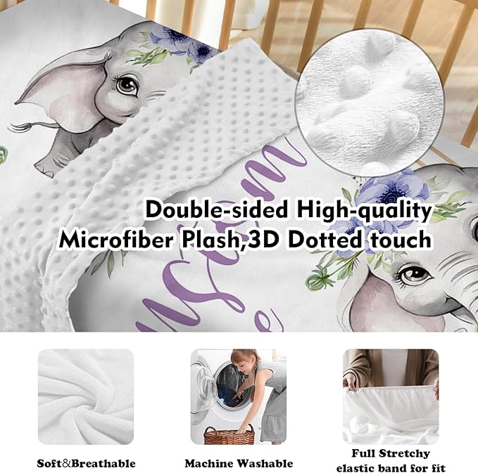 Custom Baby Crib Bedding Set - Purple Flower Elephant Design Personalized Name Baby Nursery Bedding 3 Pcs Set - Chic Soft Blanket, Fitted Sheet, Room Rug for Newborns Boys Girls Gifts