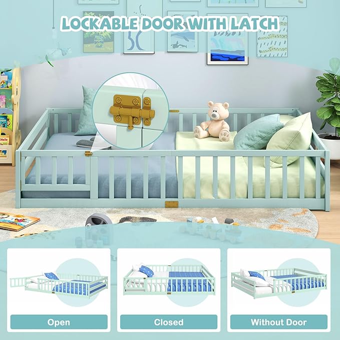 Giantex Queen Floor Bed with Door & Fence, Kids Wood Montessori Beds with Safety Guardrails, Floor Bed Twin for Kids, Boys, Girls, No Box Spring Needed, Mint Sky