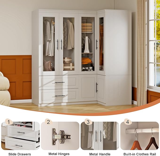 Armoire Wardrobe Closet with 2 Glass Door: White Combination Corner Wood Wardrobe Closet 2 Drawer Wooden Bedroom Armoire with Hanging Rods for Home/Bedroom/Living Room