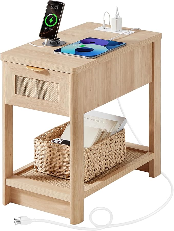Lerliuo Narrow Night Stand with Charging Station, Boho Nightstand with Drawer, Bed Side End Table with Rattan Shelf for Small Spaces, Wood Nightstands Bedside Tables for Living Room Bedroom