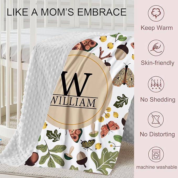 Personalized Crib Bedding Set for Boys Girls, Custom Baby Crib Sets with Name, Mushroom Design Nursery Bedding 2 Piece - Soft Blanket with Double Layer Dotted Backing, Crib Fitted Sheet