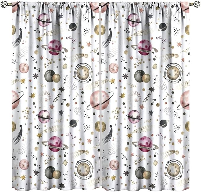 Kids Outer Space Curtains, Cartoon Galaxy Planet Universe Starry Starts Printed Window Drapes for Boys Girls Teens Bedroom Nursery Decor 42" W X 45" L