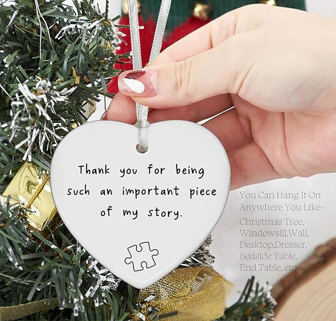 ZVMIS Ceramic Heart Shaped Christmas Ornament-Thank You for Being Such an Important Piece of My Story-Thank You for Teacher Mentor Tutor Coach Godparents-Keepsake Sign Plaque Decor Gift