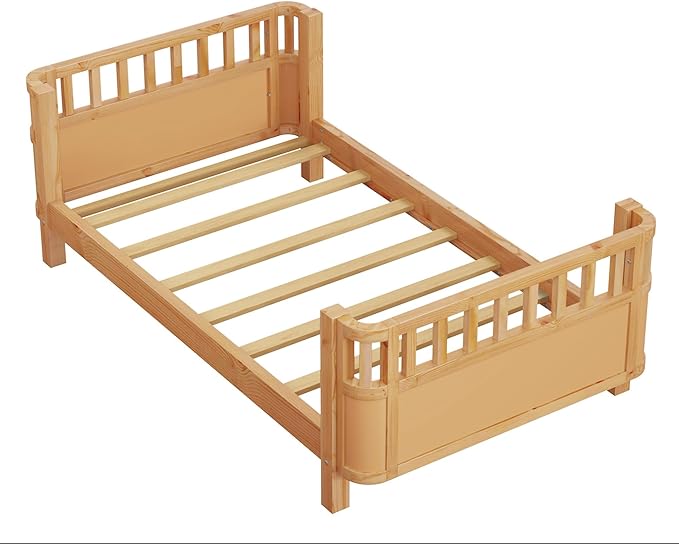 KEIKI Twin Size Wooden Floor Bed w/Removable Rails, Montessori Platform Bed Frame w/Safety Low Profile, Space Saving Corner Kids Beds for Boys Girls Bedroom, No Box Spring Needed, Easy Assembly, Brown