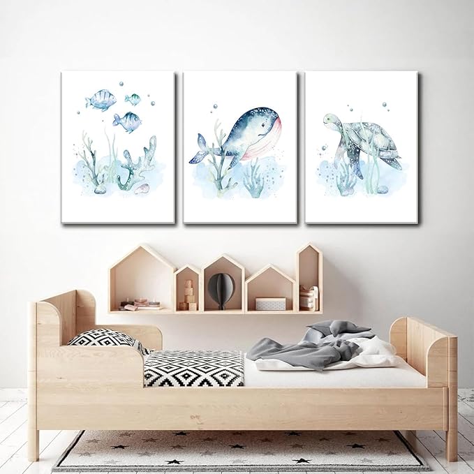 Wodkwq Ocean Nursery Decor, Set of 3 Boys Room Sea Animal Wall Art Picture Canvas Prints, 12x16 Inch Framed