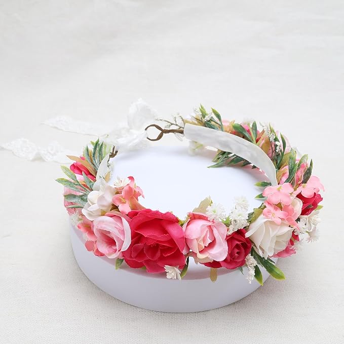 Flower Crown for Girls Children Floral Headpiece Pink Kids Headband Wedding Holo Hair Accessories Birthday Photo Prop (Fuchsia)