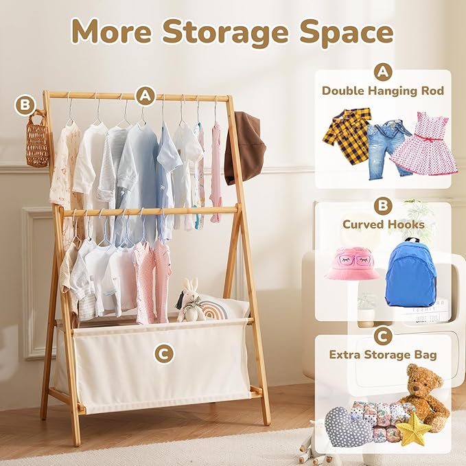 Kids Clothing Rrack- Kids Dress Up Rack for Little Girls, Bamboo Kids Clothes Rack, Toddler Dress Up Storage Rack & Folding Costume Rack, Double Rods, Pets Clothes Rack with Storage, Natural