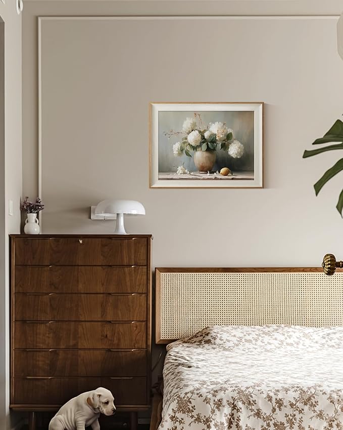 ARPEOTCY Framed Canvas Wall Art, 12x16 Inch Vintage White Hydrangea Flower Oil Painting, Rustic Still Life Floral Wall Decor for Kitchen, Dining Room, Bedroom, or Living Room