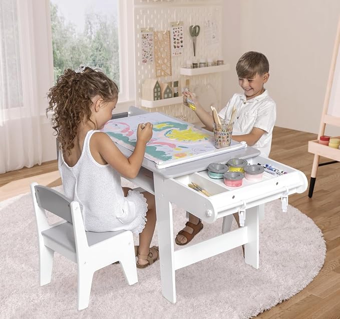 Milliard Kids Art Table Set with Chairs for Playroom, Toddler Craft and Play Wood Activity Table with Storage Bins and Paper Roll (Grey and White)