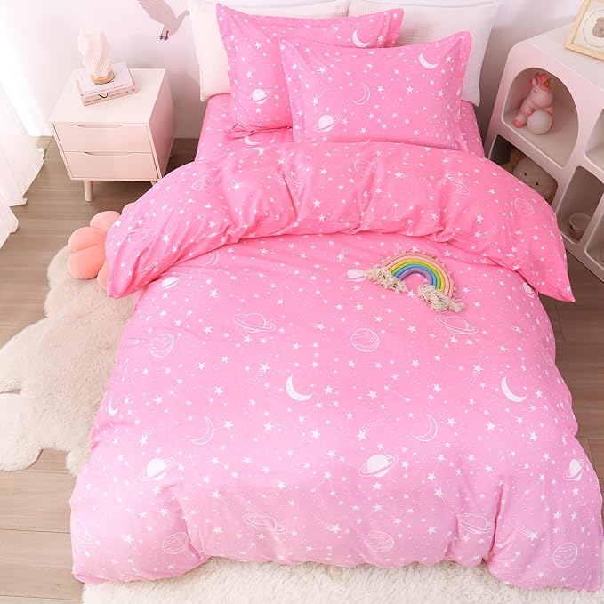 JSD Pink Stars Kids Duvet Cover Set Queen Size, 3 Piece Girls Space Theme Microfiber Comforter Cover with Pillow Shams Zipper Closure, Comforter Not Included