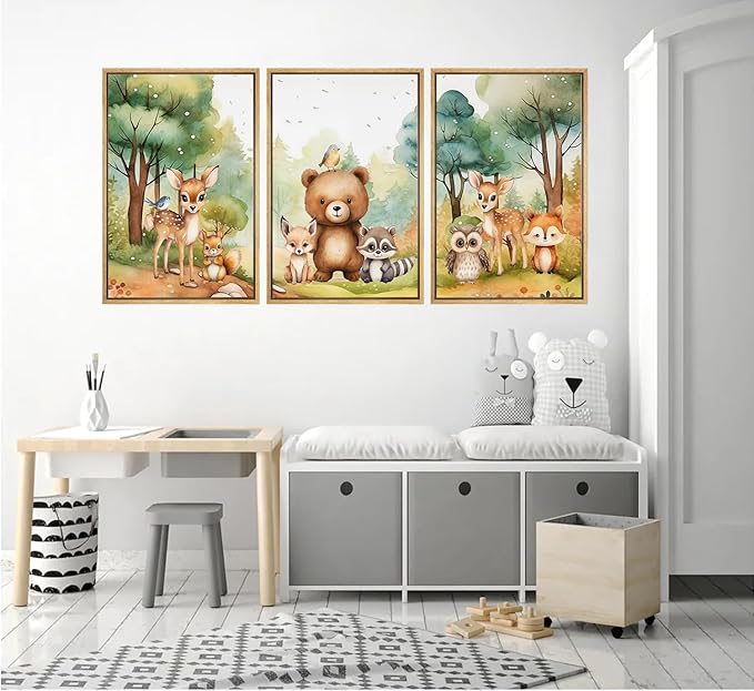 3Pcs Woodland Animal Nursery Wall Art Forest Animal Wall Decor Cute Watercolor Deer Bear Fox Poster Canvas Prints Paintings Pictures Artwork for Kids Baby Bedroom Decor Unframed Poster 16X24in