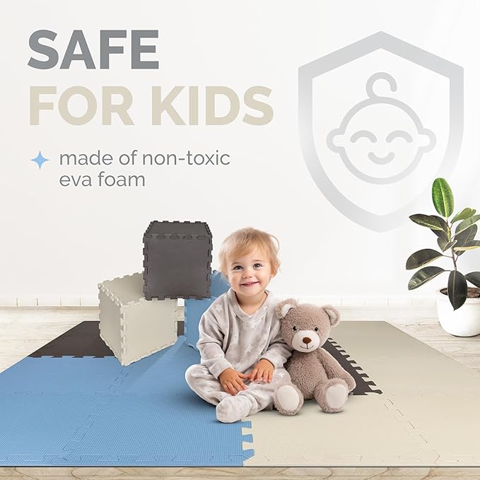 TOYVELT Foam Puzzle Floor Mat for Kids 12x12-32 Tiles Interlocking Play Mat with Colors - Educational Large Puzzle Foam Floor Tiles for Crawling, Non-Toxic - Blue-Brown-Beige