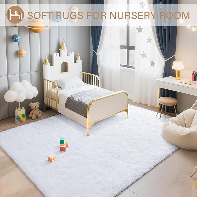 BENRON Fluffy Rugs for Living Room 5x8 White, Washable Large Area Rugs for Bedroom Dining Table Office Kids Nursery Room, Washable Indoor Floor Carpets