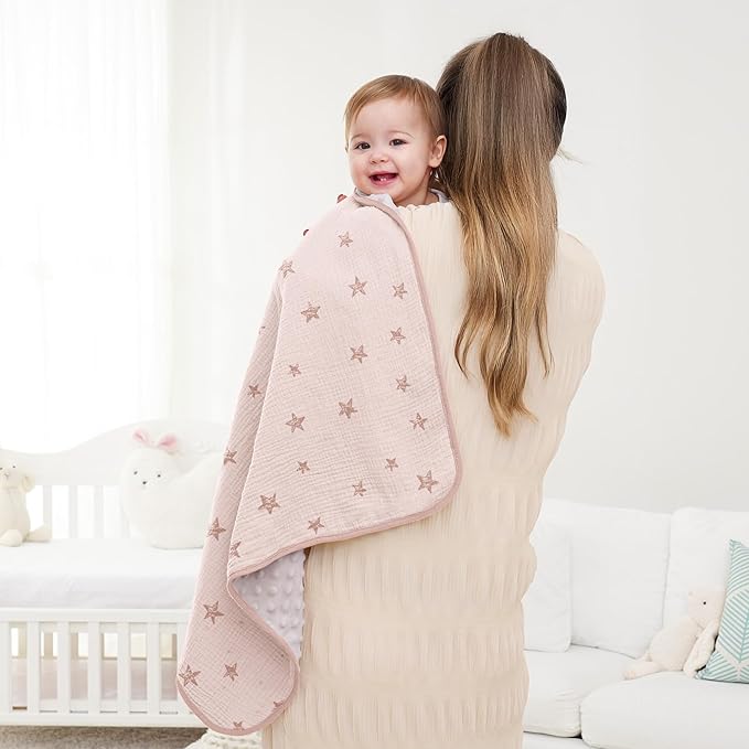 Susurration Baby Blanket for Unisex Boys Girls, Soft Nursery Minky Blanket with Muslin Cotton Front and Dotted Fleece Back, Receiving Blanket for Baby Newborn Infant, 30x40inch (Pink Star)