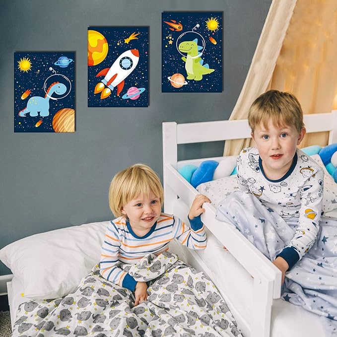 KAIRNE Outer Space Dinosaur Room Decor,Solar System Stars Wall Canvas Poster,Set Of 4 (8X10inch,framed) Planet Astronaut Art Print,Rocket Decor for Boys Room Toddler Kids Room Classroom Space Decor