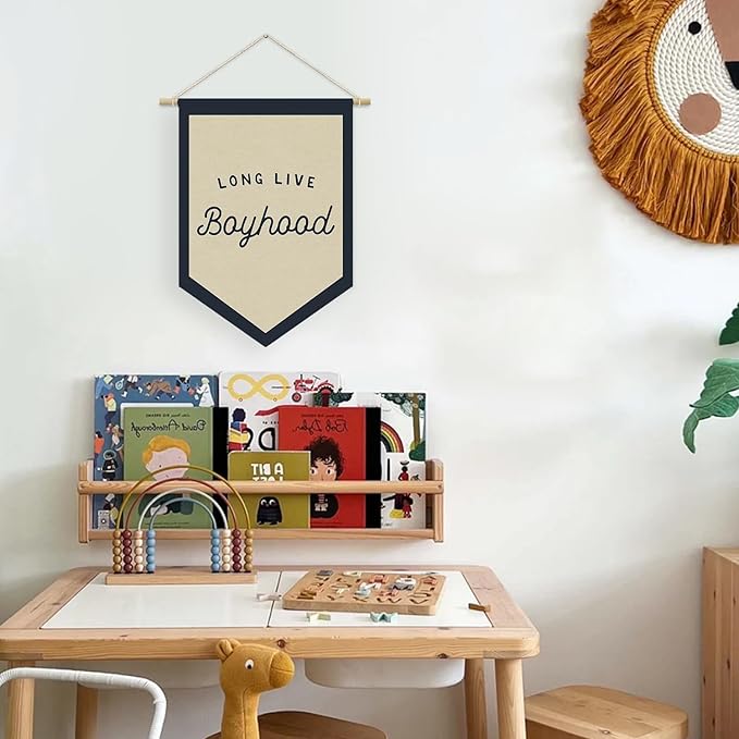 Boys Room Decor, Long Live Boyhood Linen Canvas Banner, Boy Nursery Wall Hanging Pennant Flag Banner for Boys Kids Toddler Room Bedroom Playroom Decor, 15x11in - Navy Blue