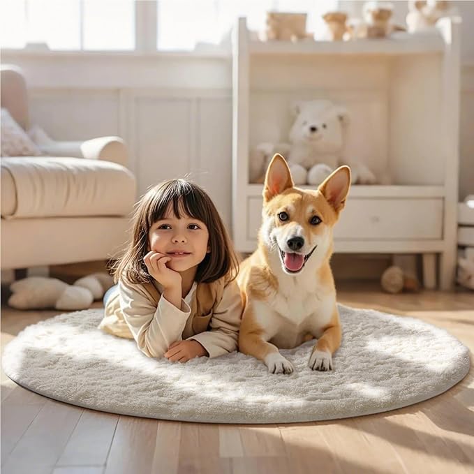 Ophanie Round Rug 4Ft Ivory Circle Area Rug, Aesthetic Christmas Room Decor, Fluffy Fuzzy Bedroom Carpet, Plush Soft Shaggy Cream Rugs for Kids Home, Nursery, Living Room