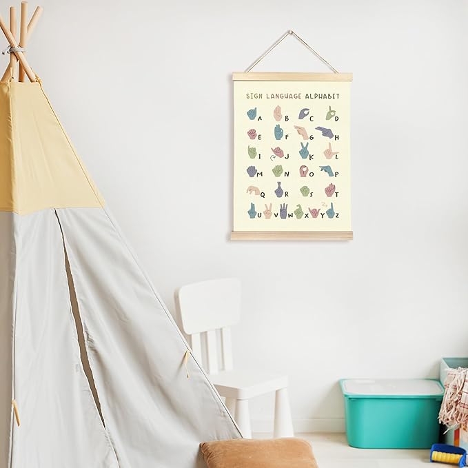 CGBHW Sign Language Alphabet Poster Hanger Frame, Baby Educational Posters Wall Art Hanging Decor for Toddler Boy Kids Room Classroom Playroom Nursery，Rainbow Boho Classroom Decor, 12x16Inch