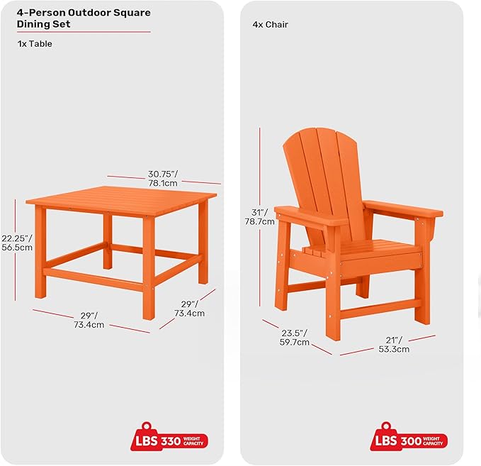 Costaelm Paradise Kids 5-Piece HDPE Outdoor Square Patio Dining Table and Chairs Set, Orange