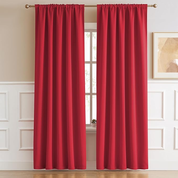 DUALIFE Red Room Darkening Curtains Back Tab Loop Pocket Thermal Insulated Light Blocking Window Curtain Drapes for Bedroom Living Room Christmas Red Decor 52x84 Inch 2 Panels