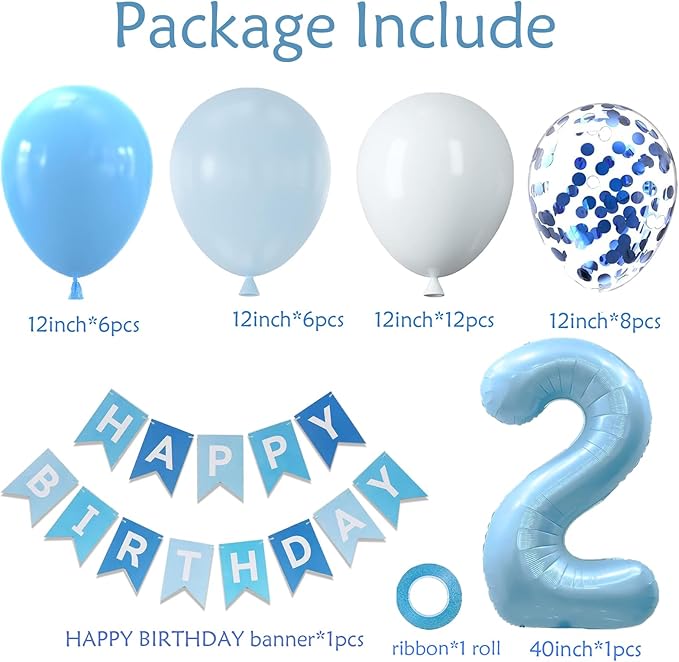 2nd Birthday Decorations For Boy -12 Inch Blue White Balloons, 40 Inch Blue 2 Balloon,, Happy Birthday Banner for Baby Boy 2 Year Old BD Party Decorations