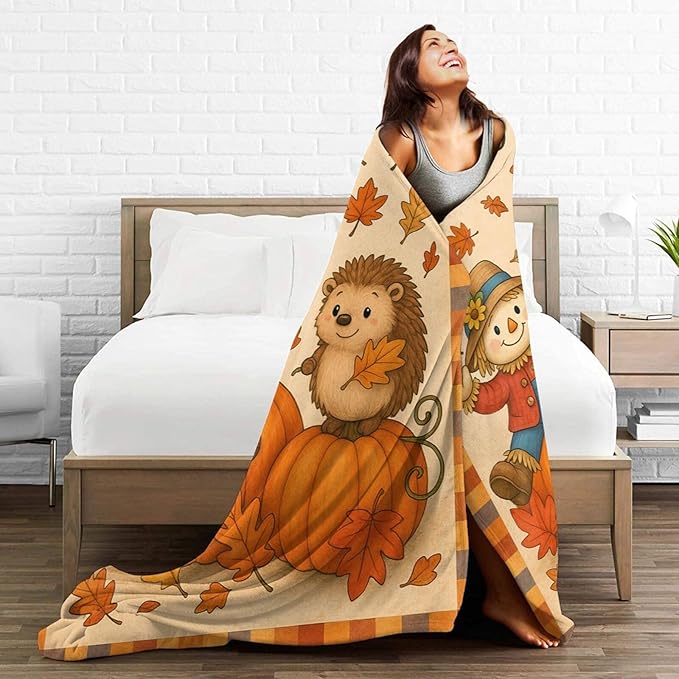 Fall Blanket Cute Autumn Pumpkin Scarecrow Hedgehog Maple Leaf Throw Blanket Soft Cozy Fleece Fuzzy Plush Flannel Warm Stuff Hello Fall Blanket Gifts for Women Girls Kids Thanksgiving 40"x50"