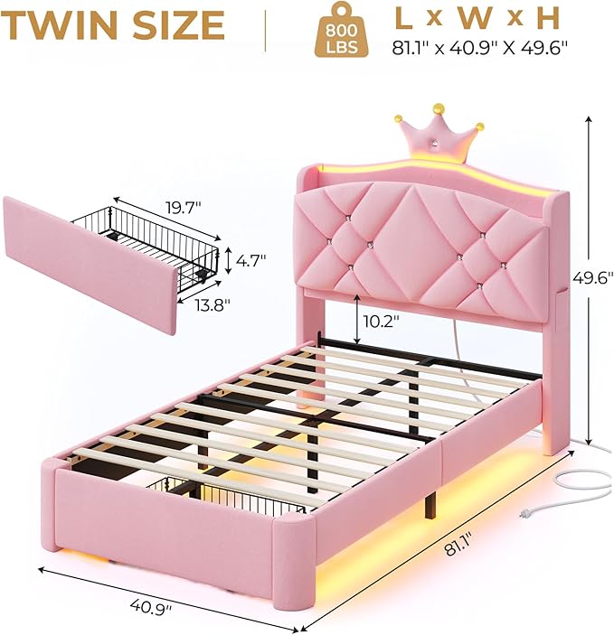 MSmask Twin LED Bed Frame with Storage Headboard & Drawer, Princess Upholstered Bed with Charging Station & Crystal Button & Crown, Velvet Platform Bed for Girls, Solid Wood Slats, Curved Legs, Pink