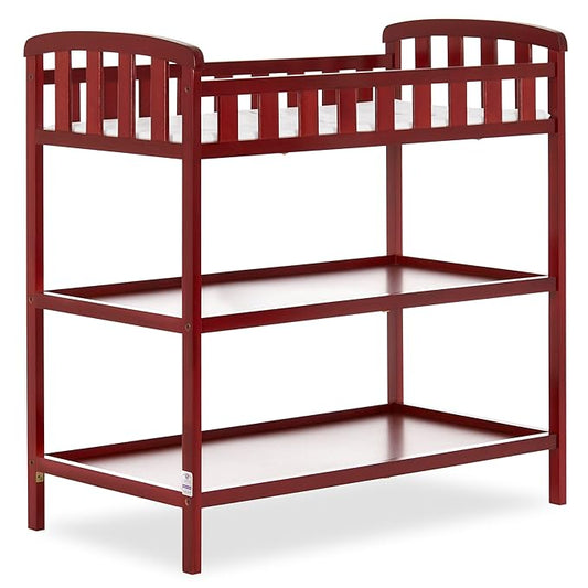 Dream On Me Emily Changing Table, Compact and Portable, Solid New Zealand Pinewood, Safety Rails, Two Storage Shelves, Includes Water-Resistant 1" Changing Pad — Cherry