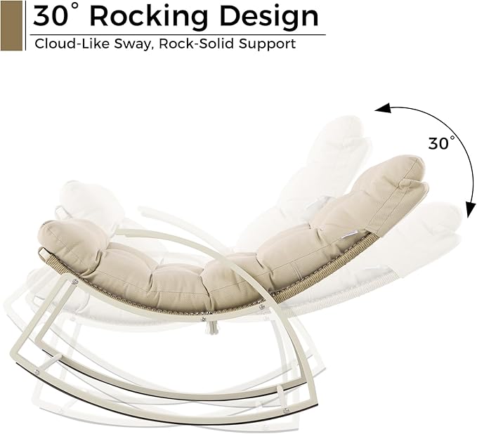 IRONCK Patio Rocking Chair, Outdoor Rocking Chair with Armrest and Cushion, Handwoven Twisted Rattan Rocker for Indoor Living Room Balcony Garden Porch, Beige