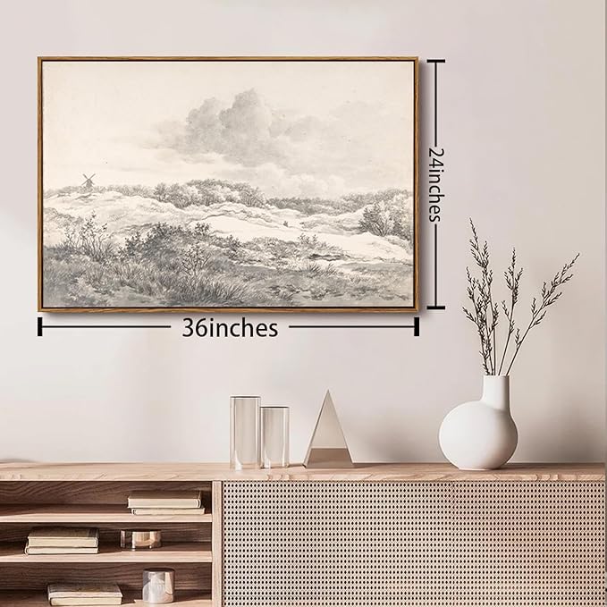 OIQArtOIQ Vintage Landscape Canvas Wall Art Framed Natural Scenery Painting Artwork Prints France Country Wilderness Farmhouse Decor Pictures Kitchen Bedroom Living Room Bathroom