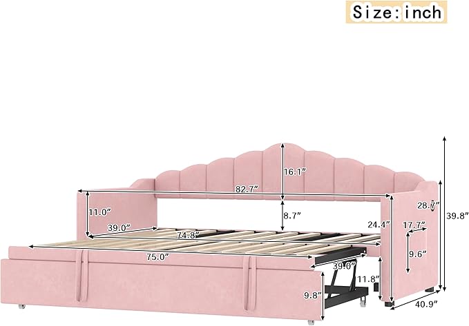 SOFTSEA Twin Velvet Daybed with Pop Up Trundle, Upholstered Extendable Corner Bed with USB Ports & Storage Pockets, Twin to King Daybed Frame with Storage for Kids Teens Adults, Pink