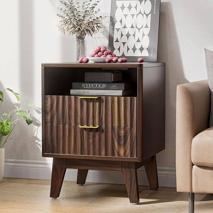 Nightstand Set of 2 with Charging Station, Modern Fluted 2 Drawers End Tables, Side Tables with Storage Shelf for Bedroom, Office, Walnut