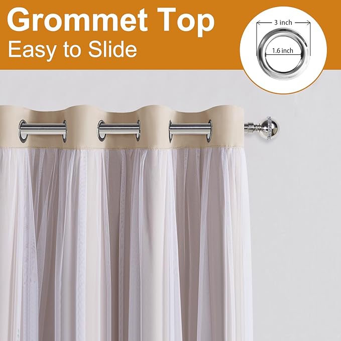 DWCN Beige Layered Curtains for Living Room Blackout and Sheer Curtains Grommet Top Window Treatment with Sheer Overlay for Bedroom, 52 W by 108 L, 2 Pieces