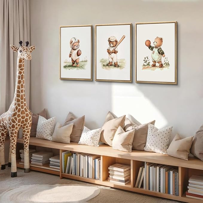 3Pcs Nursery Teddy Bear Canvas Wall Art Vintage Sports Bear Wall Decor Sports Boys'Room Artwork Prints Basketball Football Baseball Painting Pictures for Children's Room Boys' Room (16x24in poster)