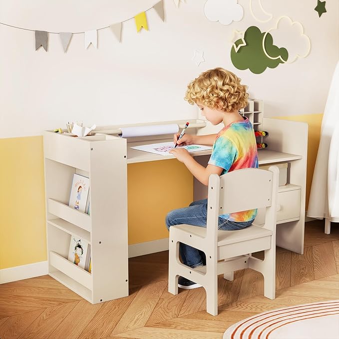 Costzon Kids Desk and Chair Set, Art Activity Desk Set with Detachable Paper Roll Holder, Cubby Cabinet, and Multiple Storage Space, 2-in-1 Toddler Table and Chair for Painting, Studying (Beige)