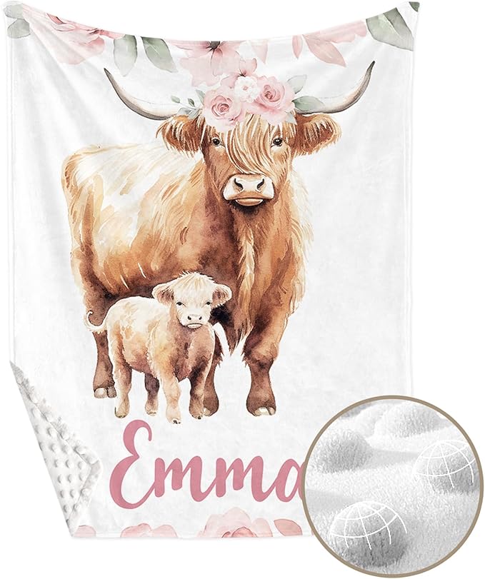 Personalized Crib Bedding Set for Boys Girls, Custom Baby Crib Sets with Name, Pink Highland Cow Design Nursery Bedding 2 Piece - Soft Blanket with Double Layer Dotted Backing, Crib Fitted Sheet